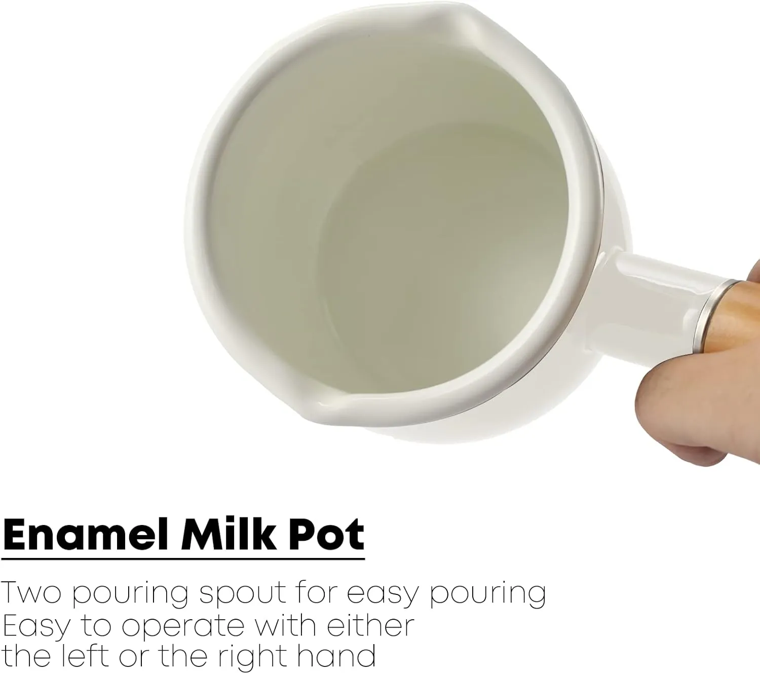 0.6qt Mini Enamel Milk Pot Insulated Wooden Handle 2 Pour Spouts Small Food Warmer Cute Saucepan(D015,White)