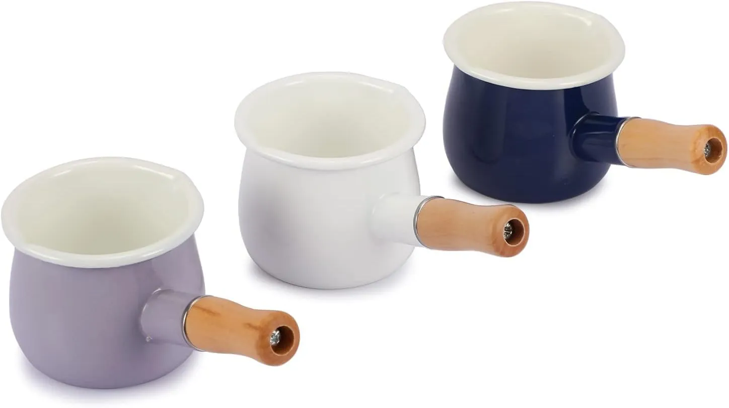 0.6qt Mini Enamel Milk Pot Insulated Wooden Handle 2 Pour Spouts Small Food Warmer Cute Saucepan(D015,White)