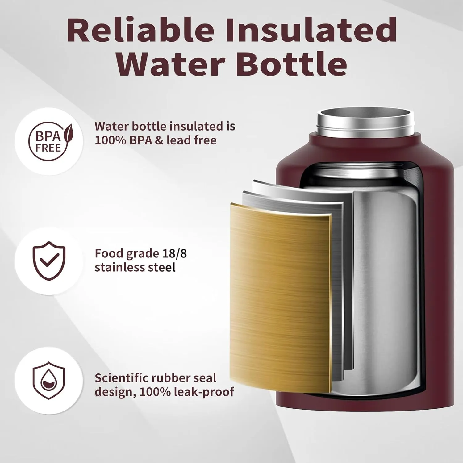 1 Gallon Water Bottle Insulated(Cold for 48 Hrs),BPA Free&Leak Proof,128oz Stainless Steel Water Jug,Big thermo,Large Water Bottle with Handle for Gym,Hiking,Camping&Travel,Brick Red