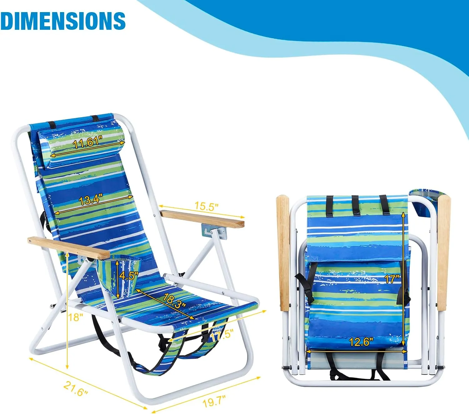 1 Pcs Folding Backpack Beach Chair, 4 Position Portable Camping Chair with Headrest Cup Holder and Wooden Armrests (Blue & Green Stripes)