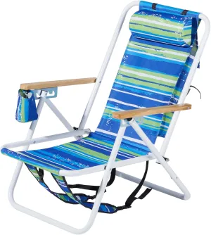 1 Pcs Folding Backpack Beach Chair, 4 Position Portable Camping Chair with Headrest Cup Holder and Wooden Armrests (Blue & Green Stripes)