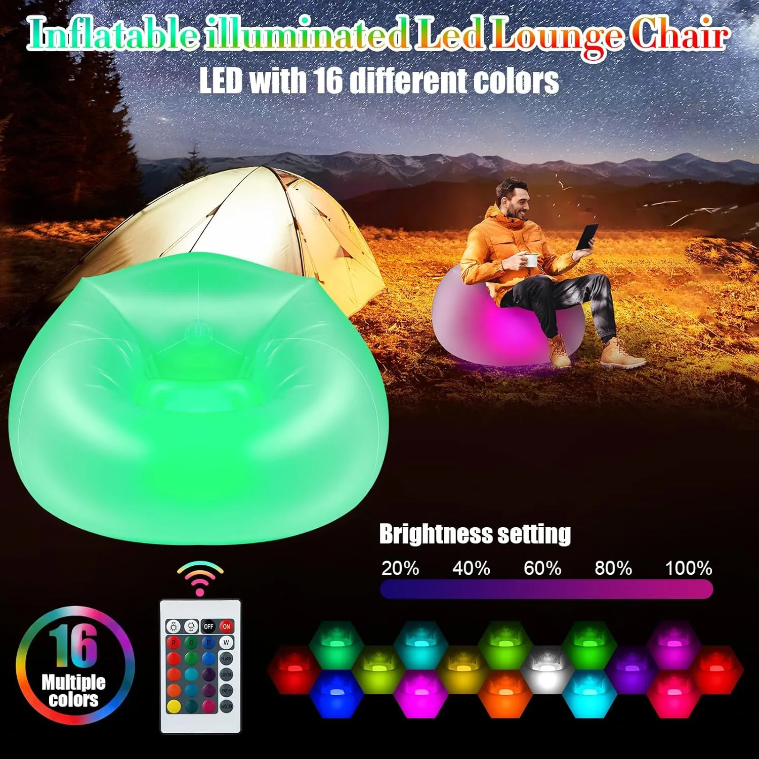 1 Pcs Inflatable LED Chair Illuminated Blow up Chair for Adults Light up Inflatable Air Camping Sofa Without Pump for Indoor Room Outdoor Party Yard Pool