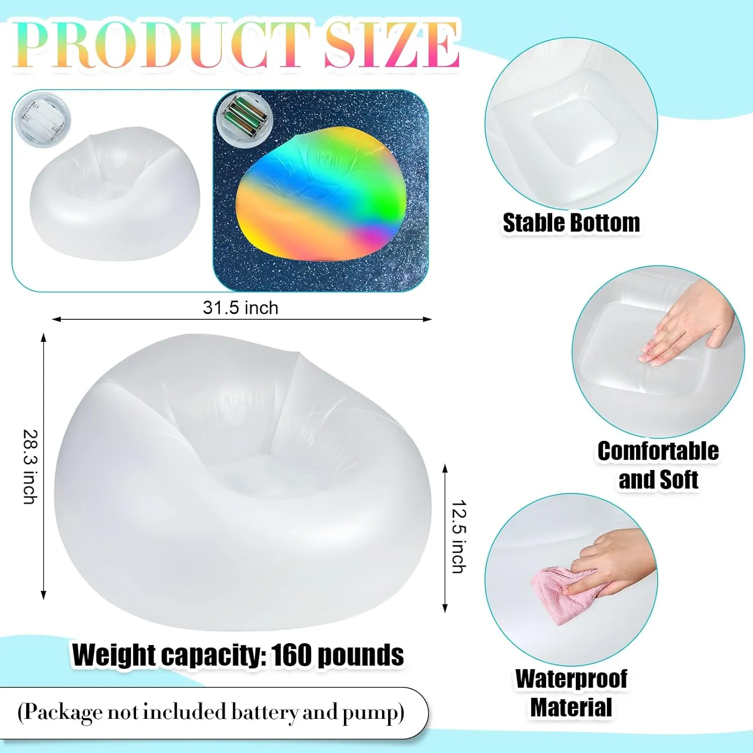 1 Pcs Inflatable LED Chair Illuminated Blow up Chair for Adults Light up Inflatable Air Camping Sofa Without Pump for Indoor Room Outdoor Party Yard Pool
