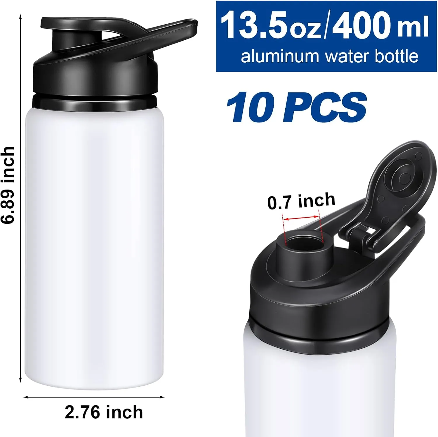 10 Pieces 13.5 oz Reusable Aluminum Water Bottles Bulk Outdoor Sports Water Bottles Multipack Travel Bottles for Gym, Hiking, Cycling, Camping, Fishing, Snap Lid(White)