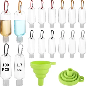 100 PCS Keychain Empty Hand Sanitizer Bottles - 1.7 oz Portable Keychain Travel Bottles, Empty Squeeze Plastic Bottle with Flip Cap, Refillable Containers with 2 Foldable Funnels for Shower Gel Lotion