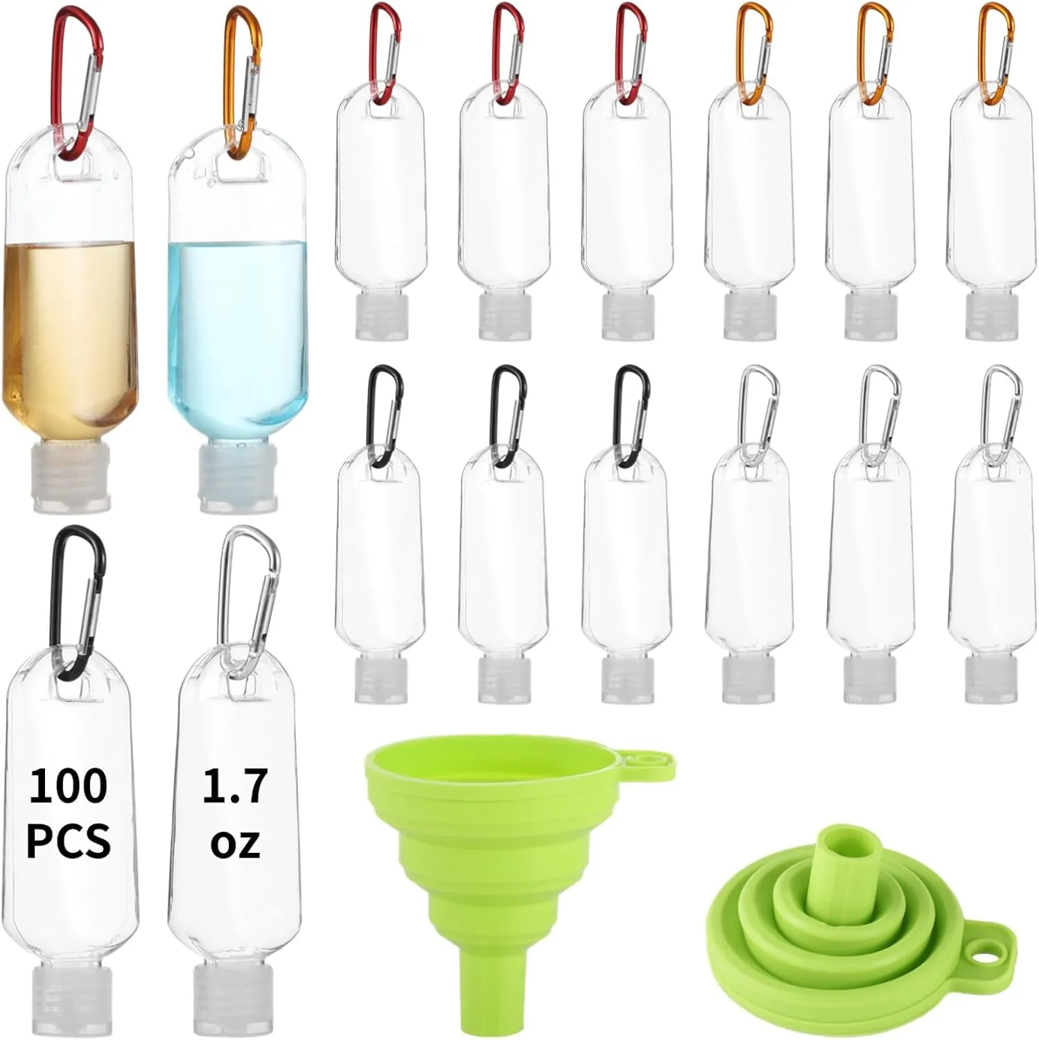 100 PCS Keychain Empty Hand Sanitizer Bottles - 1.7 oz Portable Keychain Travel Bottles, Empty Squeeze Plastic Bottle with Flip Cap, Refillable Containers with 2 Foldable Funnels for Shower Gel Lotion