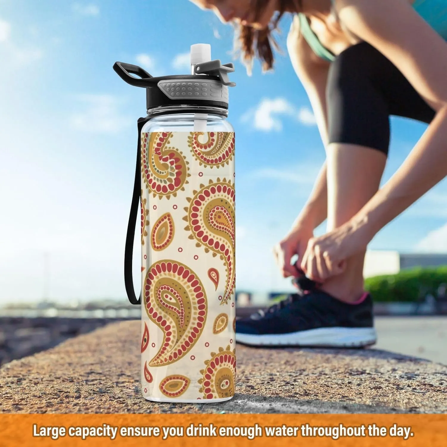 1000 ML Sports Water Bottle with Straw,Yellow Floral Water Bottle Leak Proof,BPA Free,Tritan Drink Bottle with Straw for Office,School,Gym,Outdoor