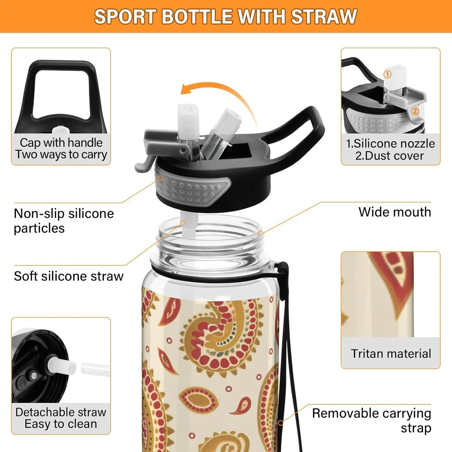 1000 ML Sports Water Bottle with Straw,Yellow Floral Water Bottle Leak Proof,BPA Free,Tritan Drink Bottle with Straw for Office,School,Gym,Outdoor