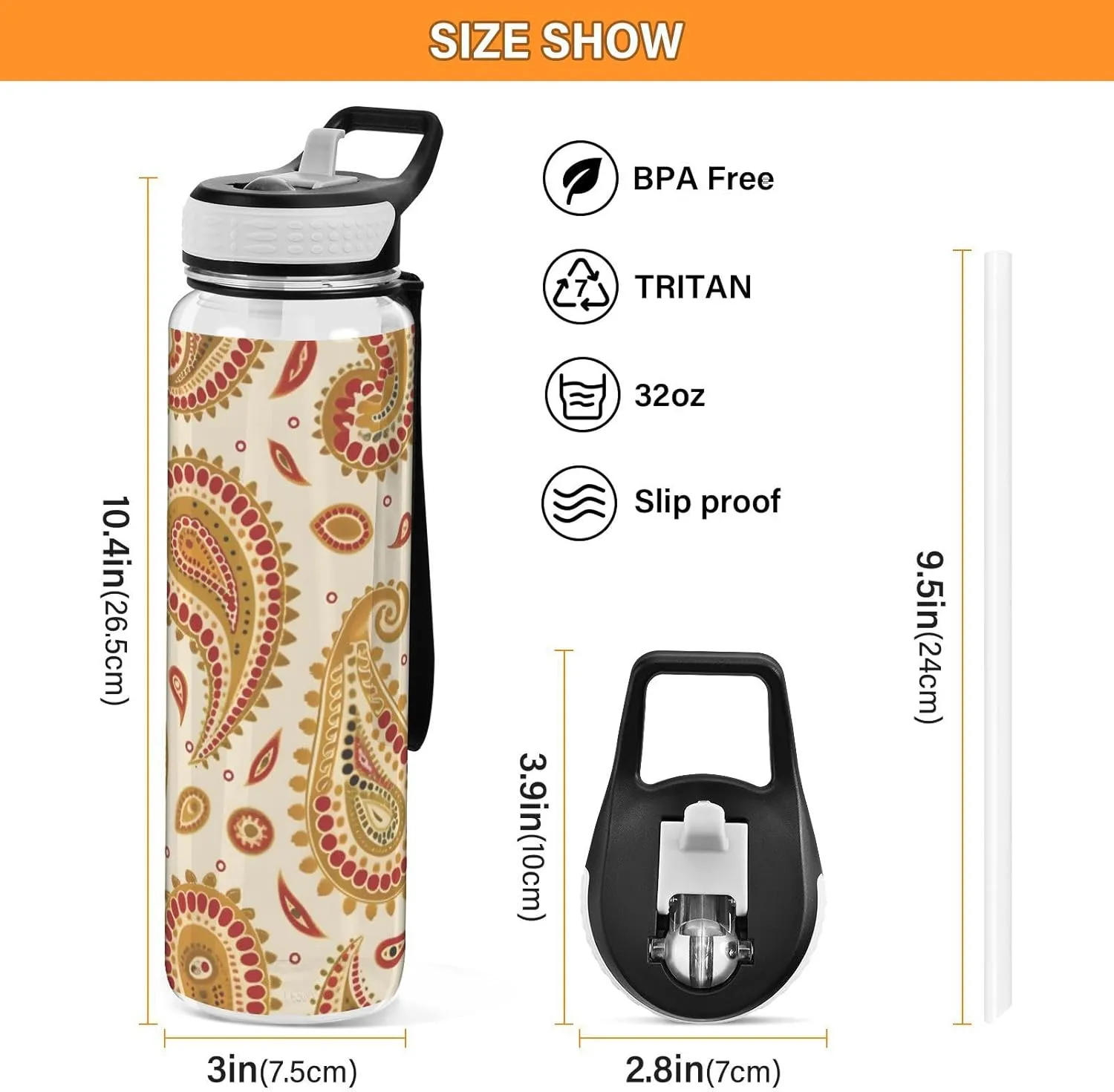 1000 ML Sports Water Bottle with Straw,Yellow Floral Water Bottle Leak Proof,BPA Free,Tritan Drink Bottle with Straw for Office,School,Gym,Outdoor