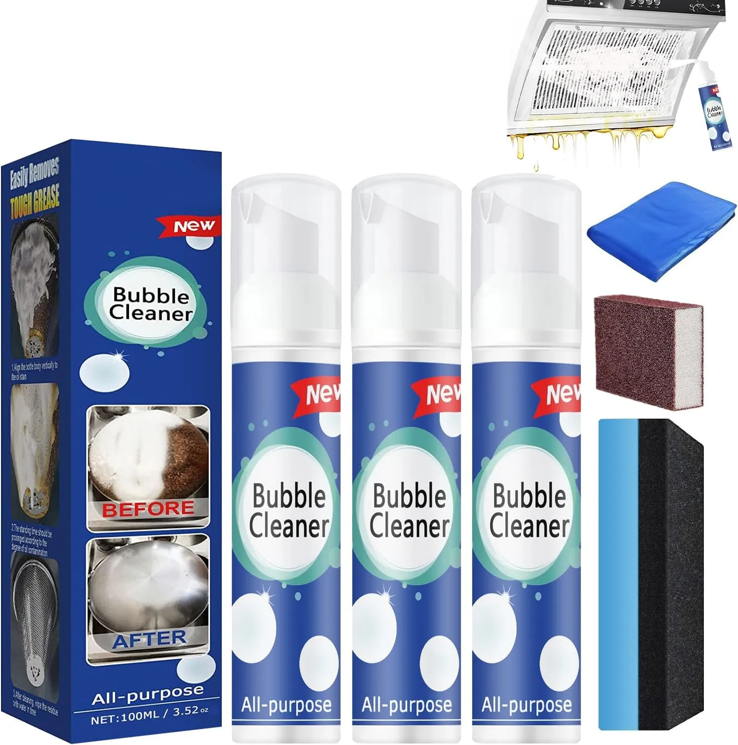 (100ML*3PCS) Bubble Cleaner Foam,Foaming Heavy Oil Stain Cleaner,All-Purpose Rinse-free Cleaner Spray,Kitchen Deep Cleaning Spray,Powerful Stain,Stubborn Grease & Grime Remover Bubble Spray