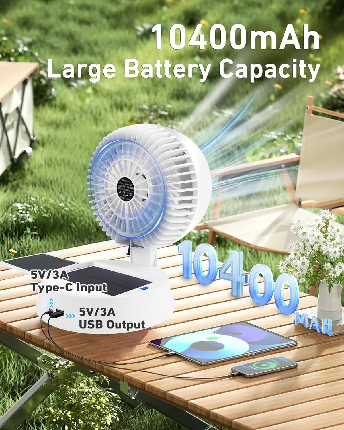 10400mAh Solar Camping Fan with LED Lantern, Rechargeable Portable Fan with 5W Solar Panel, Battery Operated Personal Fan for Outside Picnic, Fishing, Outdoor Tent Fan for Camping Essentials