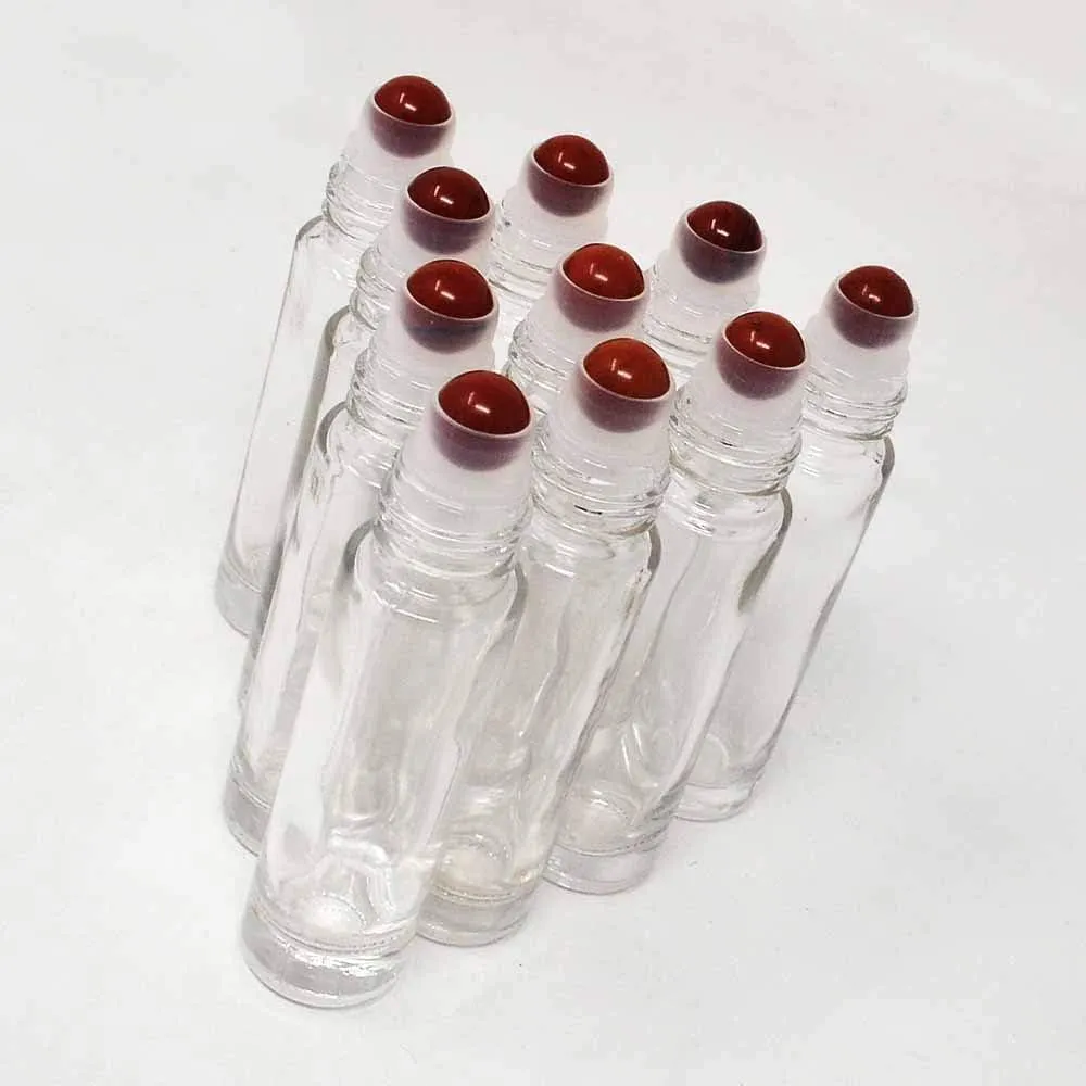10pcs Clear 10ml Empty Refillable Glass Bottles with Crystal Semiprecious Stones Essential Oil Gemstone Roller Ball Bottles with Silver Lid with Free Bag W3900 (Jasper)