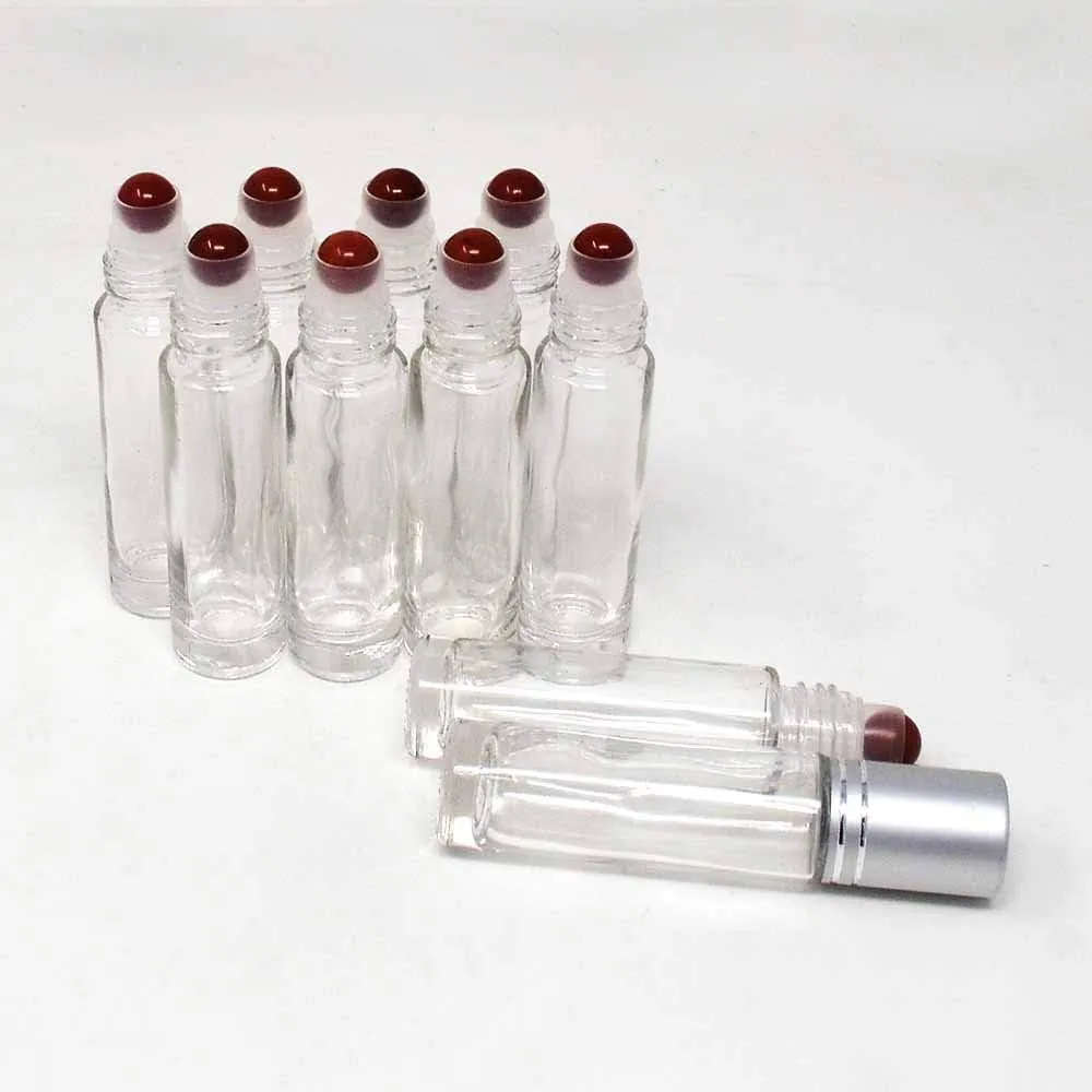 10pcs Clear 10ml Empty Refillable Glass Bottles with Crystal Semiprecious Stones Essential Oil Gemstone Roller Ball Bottles with Silver Lid with Free Bag W3900 (Jasper)