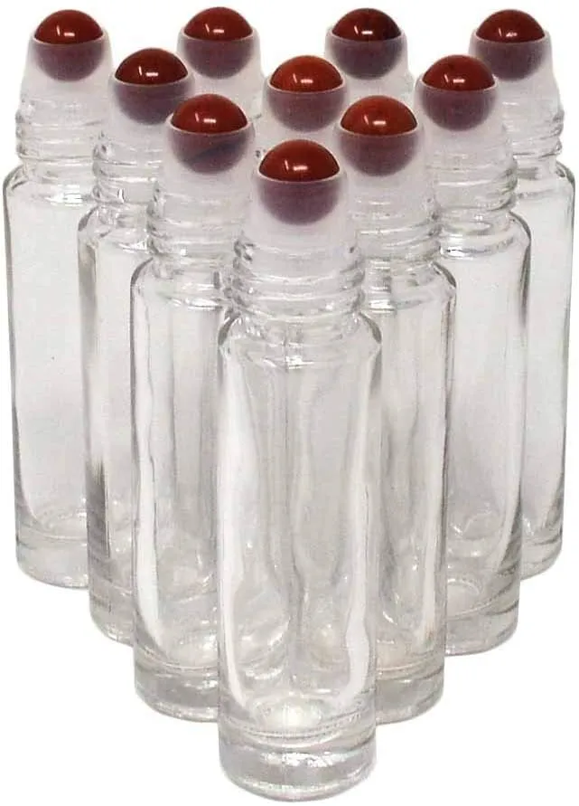 10pcs Clear 10ml Empty Refillable Glass Bottles with Crystal Semiprecious Stones Essential Oil Gemstone Roller Ball Bottles with Silver Lid with Free Bag W3900 (Jasper)