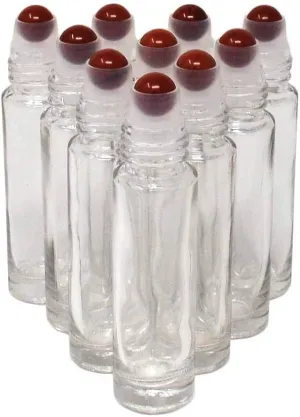 10pcs Clear 10ml Empty Refillable Glass Bottles with Crystal Semiprecious Stones Essential Oil Gemstone Roller Ball Bottles with Silver Lid with Free Bag W3900 (Jasper)