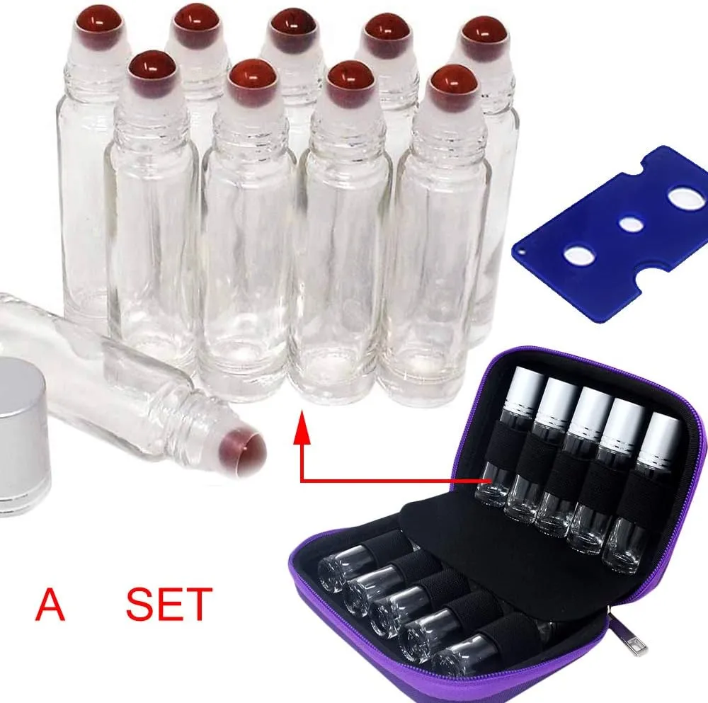 10pcs Clear 10ml Empty Refillable Glass Bottles with Crystal Semiprecious Stones Essential Oil Gemstone Roller Ball Bottles with Silver Lid with Free Bag W3900 (Jasper)