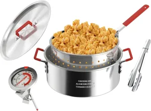 10QT Aluminum Fish Fryer Pot with Basket | Deep Fryer with Lid | Thermometer | Fryer Tongs & Easy Grip Handle for Cooking Seafood | French Fries | Chicken Wings