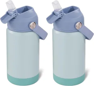 12oz Water Bottle, 2 pack Kids Water Bottles for School, Toddler Water Bottle with Straw & Handle, 304 Stainless Steel Insulated Water Bottle, Non-slip Silicone Base, BPA Free, Haze Blue Two Piece
