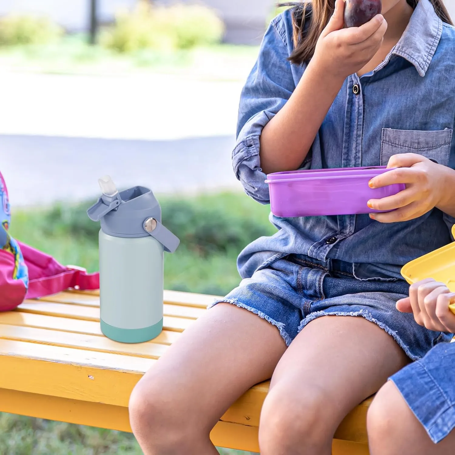 12oz Water Bottle, 2 pack Kids Water Bottles for School, Toddler Water Bottle with Straw & Handle, 304 Stainless Steel Insulated Water Bottle, Non-slip Silicone Base, BPA Free, Haze Blue Two Piece