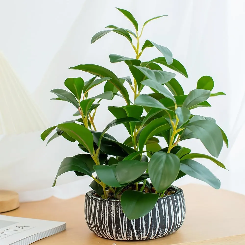 12" Fake Plants Indoor Thick Ficus Leaves Faux Plant Realistic Looking and Touchinng Artificial Greenery Potted Desk Plants for Office Table Shelf Farmhouse Home Kitchen Bedroom Decor