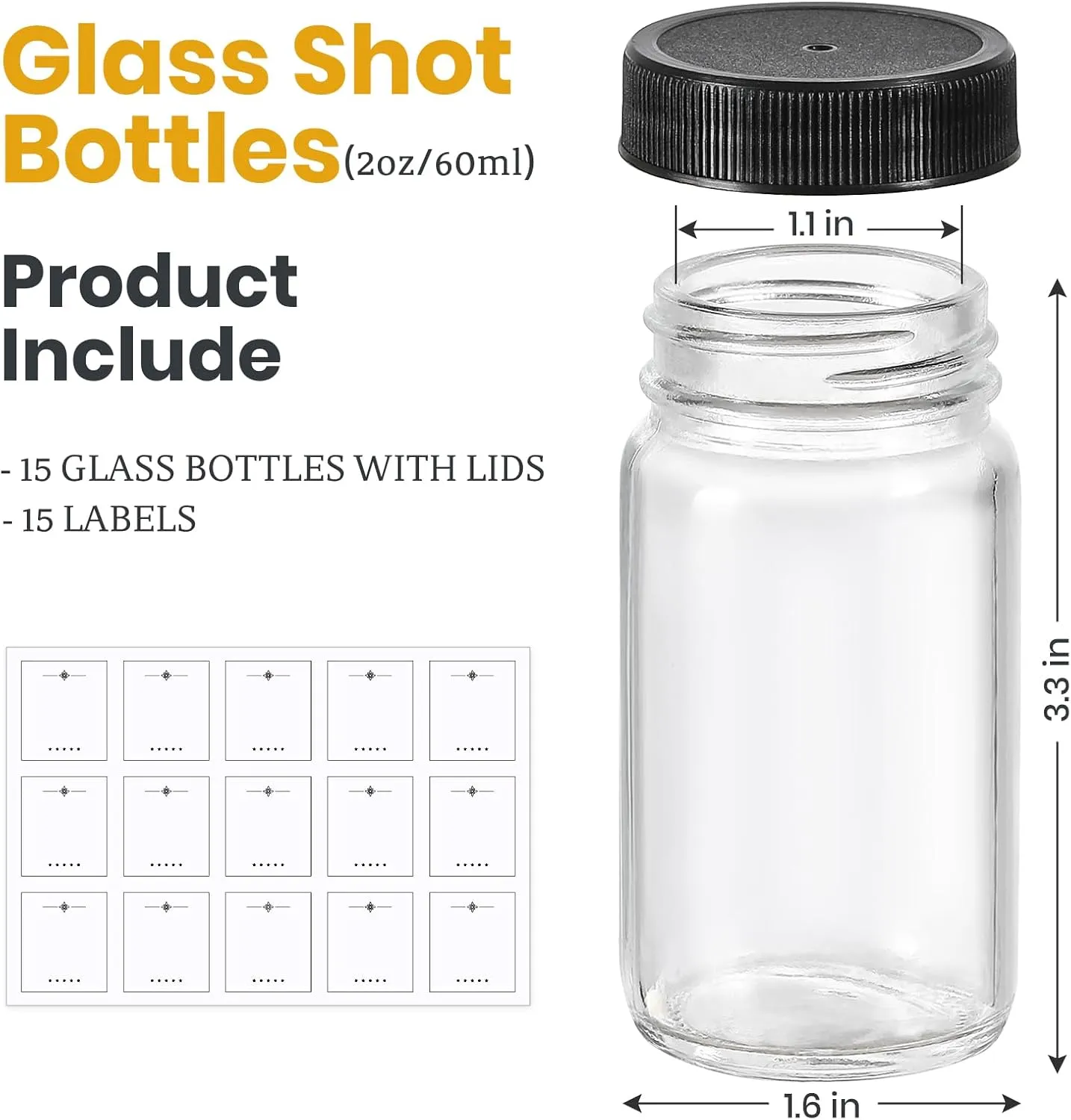 15 Pack 2 oz Glass Shot Mini Bottles w/ Black Lids & 15 Labels - Small Clear Jar for Ginger, Wellness Shot, Juice, Sample, Whiskey - Travel Essentials - Wide Mouth, Leakproof, Dishwasher Safe