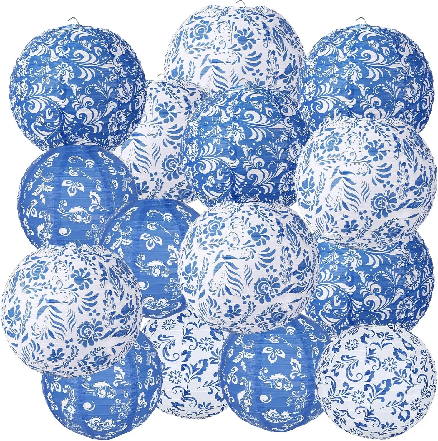 15 Pcs Chinoiserie Paper Lanterns 10In 8In Blue and White Porcelain Hanging Lantern Party Decorations Chinese Round Lantern Ceiling Home Decor for Birthday Baby Bridal Shower Wedding Decor