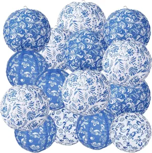 15 Pcs Chinoiserie Paper Lanterns 10In 8In Blue and White Porcelain Hanging Lantern Party Decorations Chinese Round Lantern Ceiling Home Decor for Birthday Baby Bridal Shower Wedding Decor