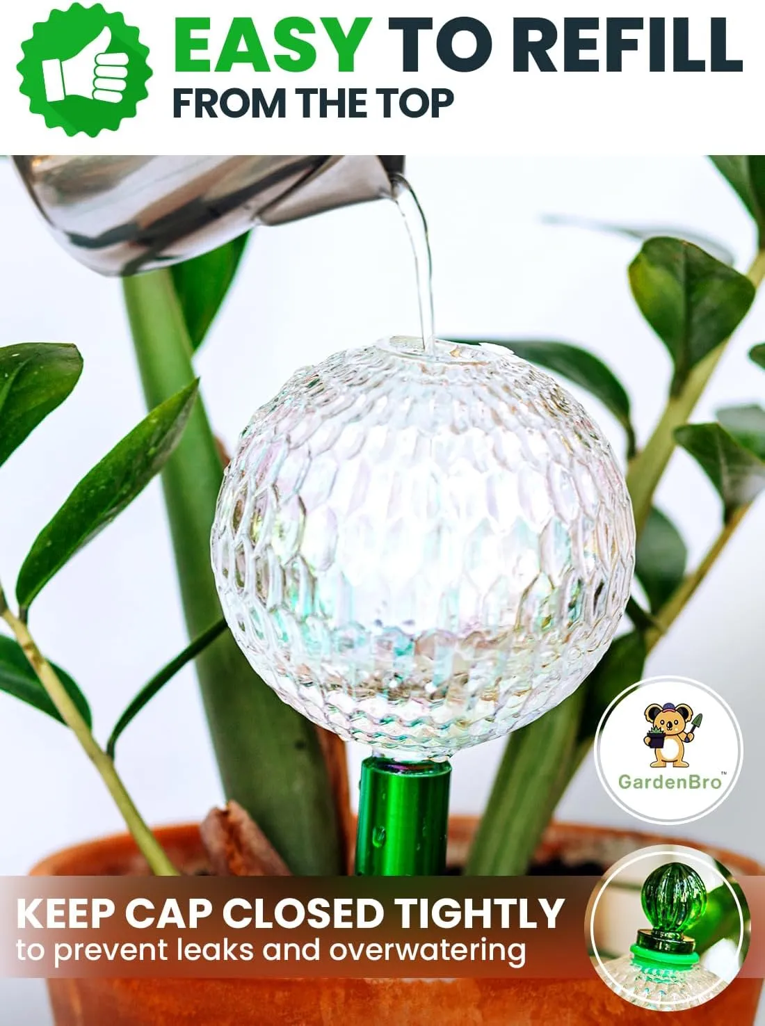 16 Oz Plant Watering Globes For Indoor Plants With Metal Self Watering Planter Insert - Premium XL Glass Hand-blown Globes - Automatic Indoor Planter Waterer, Gift Idea For Gardeners [1, Textured]