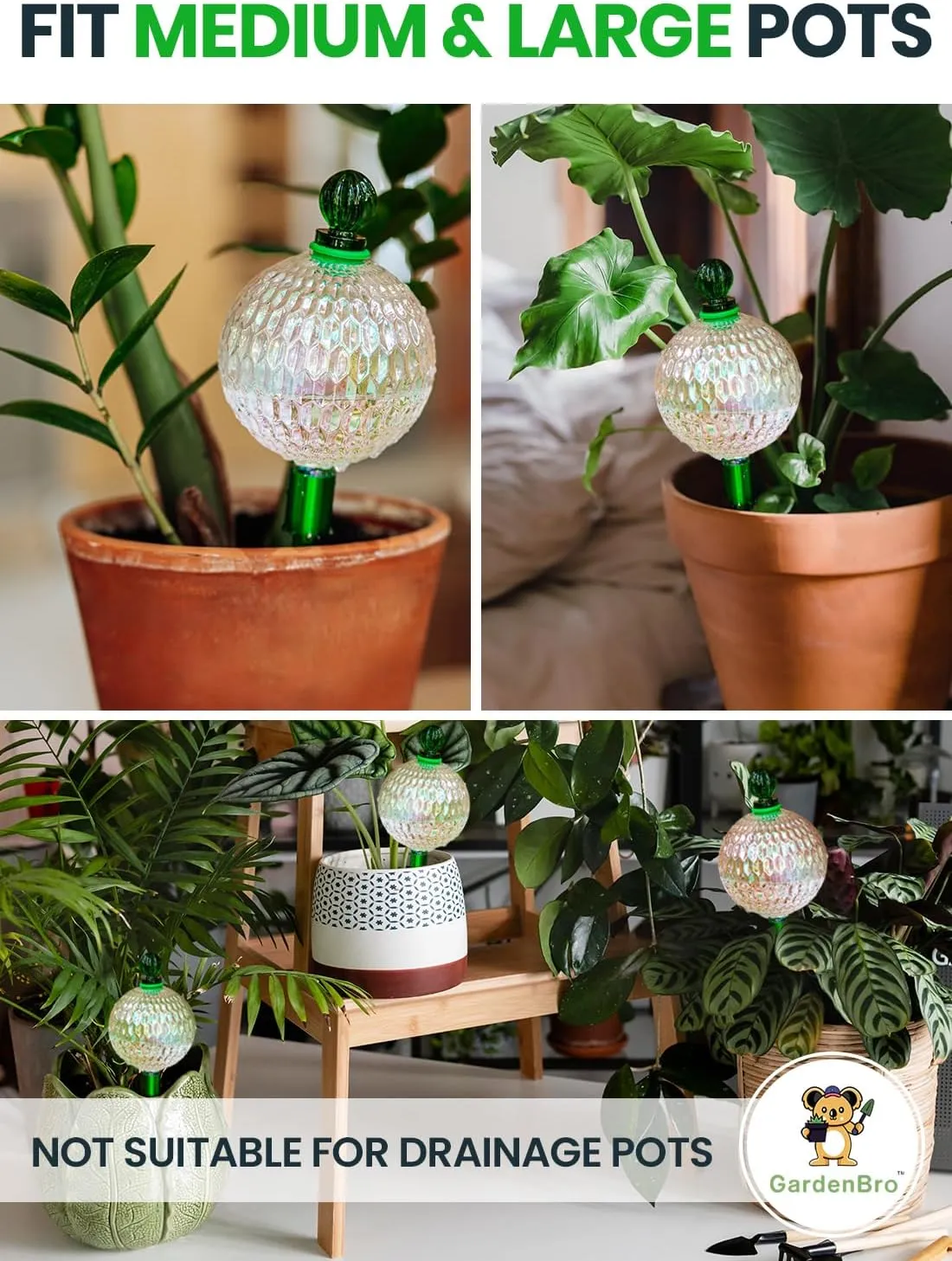 16 Oz Plant Watering Globes For Indoor Plants With Metal Self Watering Planter Insert - Premium XL Glass Hand-blown Globes - Automatic Indoor Planter Waterer, Gift Idea For Gardeners [1, Textured]