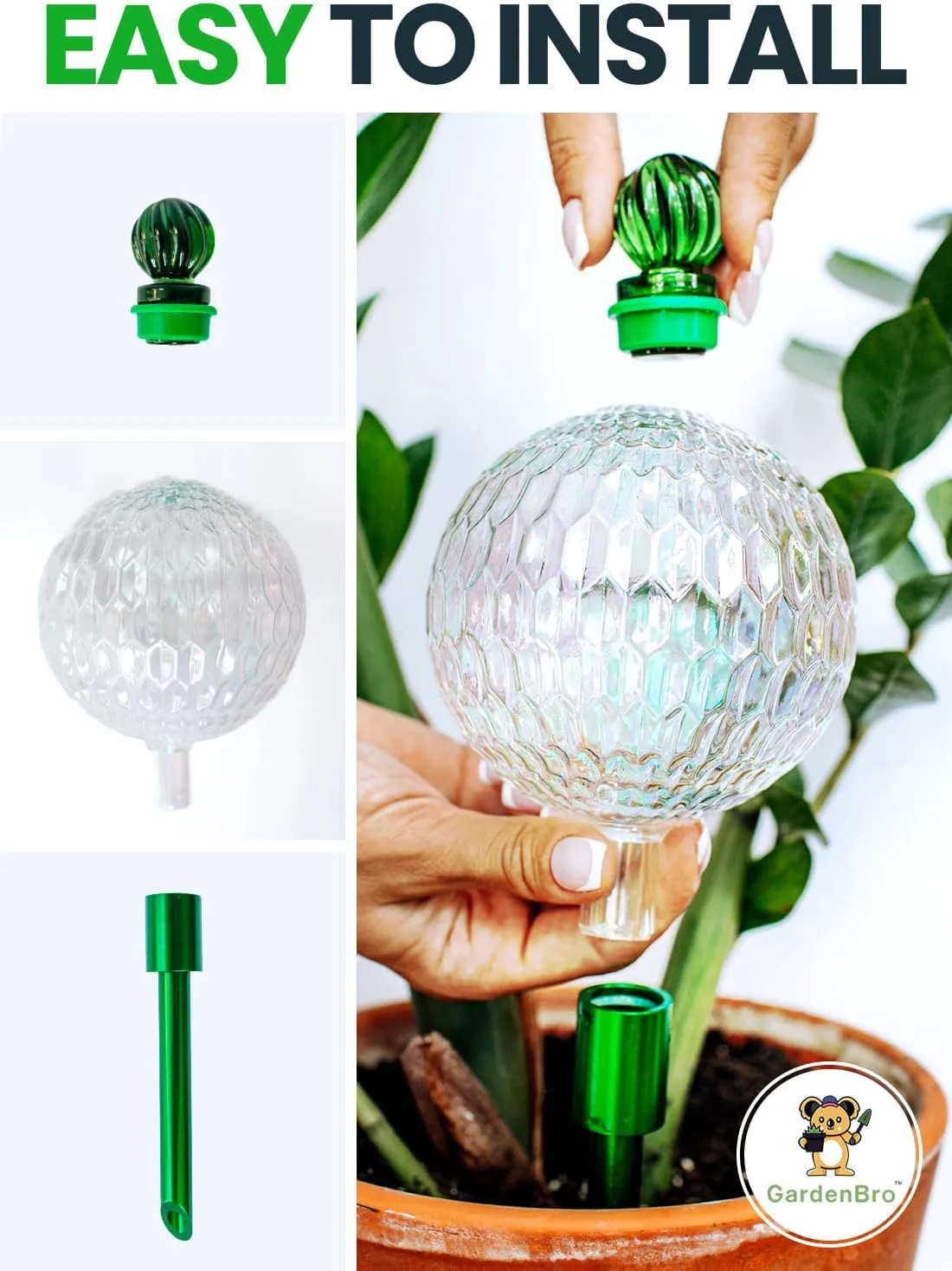 16 Oz Plant Watering Globes For Indoor Plants With Metal Self Watering Planter Insert - Premium XL Glass Hand-blown Globes - Automatic Indoor Planter Waterer, Gift Idea For Gardeners [1, Textured]