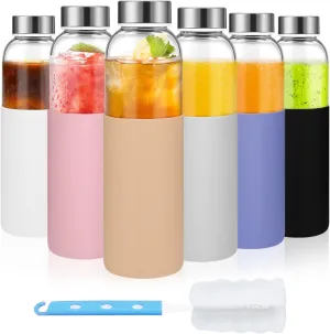 18 oz Clear Glass Juice Bottles with Lids and Silicone Sleeve, Reusable Glass Water Bottles with Stainless Steel Cap for Juicing, Refrigerator,100% Leak Proof, BPA Free, Set of 6