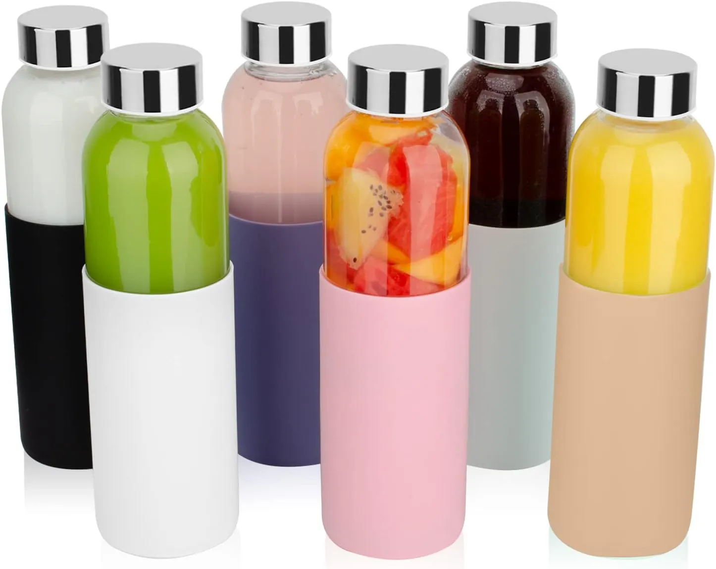 18 oz Clear Glass Juice Bottles with Lids and Silicone Sleeve, Reusable Glass Water Bottles with Stainless Steel Cap for Juicing, Refrigerator,100% Leak Proof, BPA Free, Set of 6