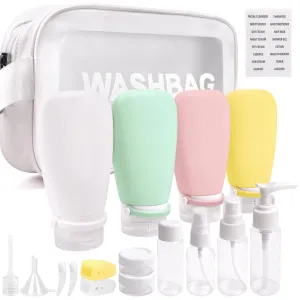 18 Pcs Travel Bottles Set for Toiletries, TSA Approved Travel Size Containers with Bandage Silicone Squeezable for Shampoo Conditioner Lotion Body Wash (Multicolour White Bag)