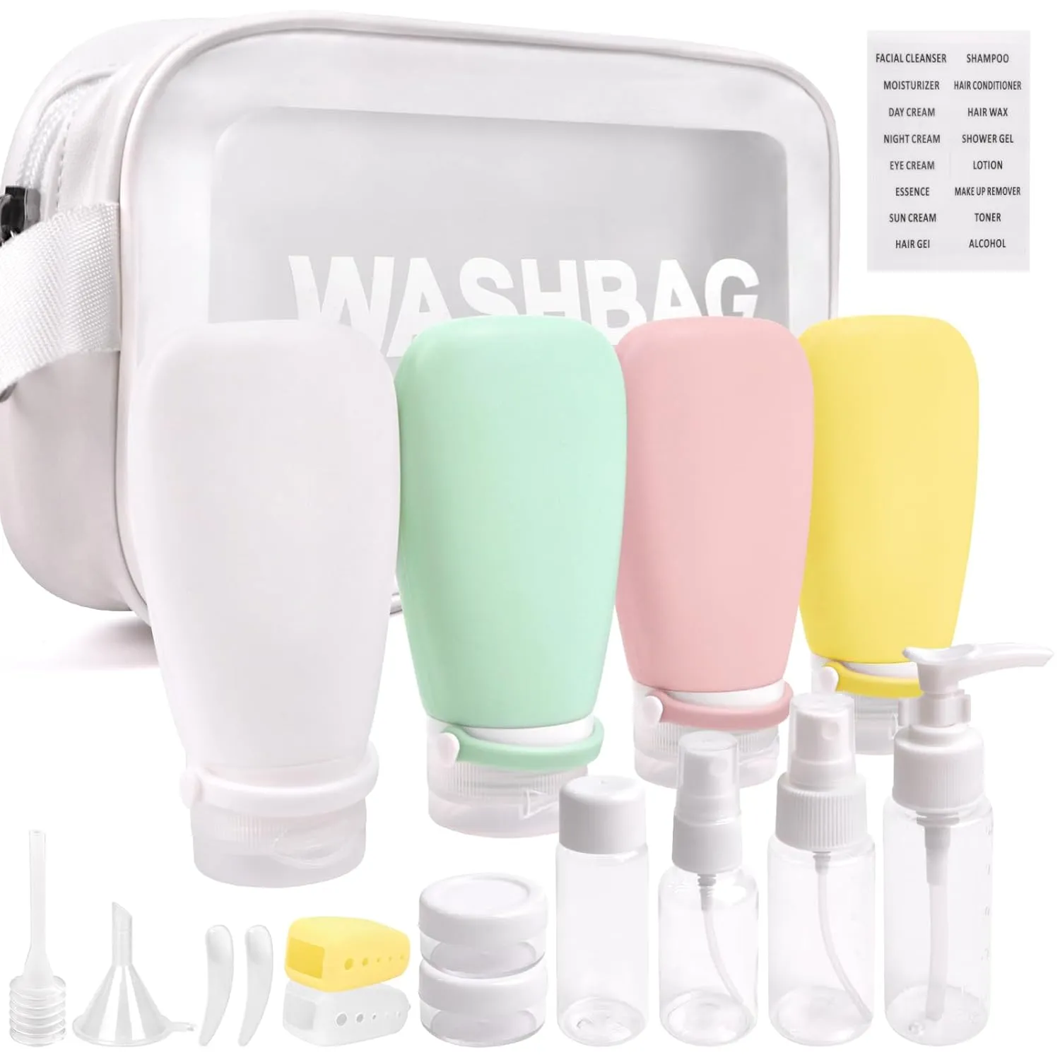 18 Pcs Travel Bottles Set for Toiletries, TSA Approved Travel Size Containers with Bandage Silicone Squeezable for Shampoo Conditioner Lotion Body Wash (Multicolour White Bag)