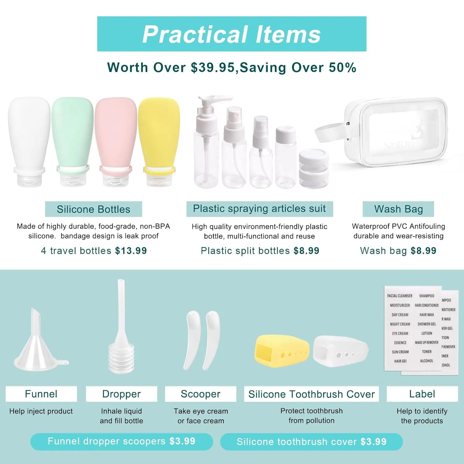 18 Pcs Travel Bottles Set for Toiletries, TSA Approved Travel Size Containers with Bandage Silicone Squeezable for Shampoo Conditioner Lotion Body Wash (Multicolour White Bag)