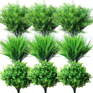 18PCS Outdoor Artificial Faux Plants Spring Summer Decorations, UV Resistant Bulk Realistic Fake Bushes Grass Eucalyptus Outside Plastic Greenery Shrubs for Front Porch Patio Window Box