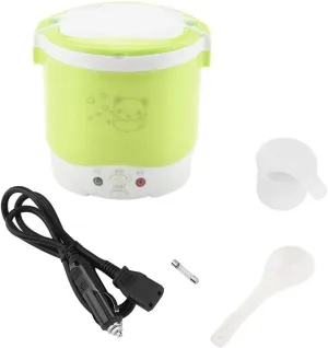 1L Mini Rice Cooker, 12v Electric Lunch Box Portable for Car, Multifunctional Food Steamer Fast Cooking Fully Automatic Non-Stick Pot for Travel Camping (Green)