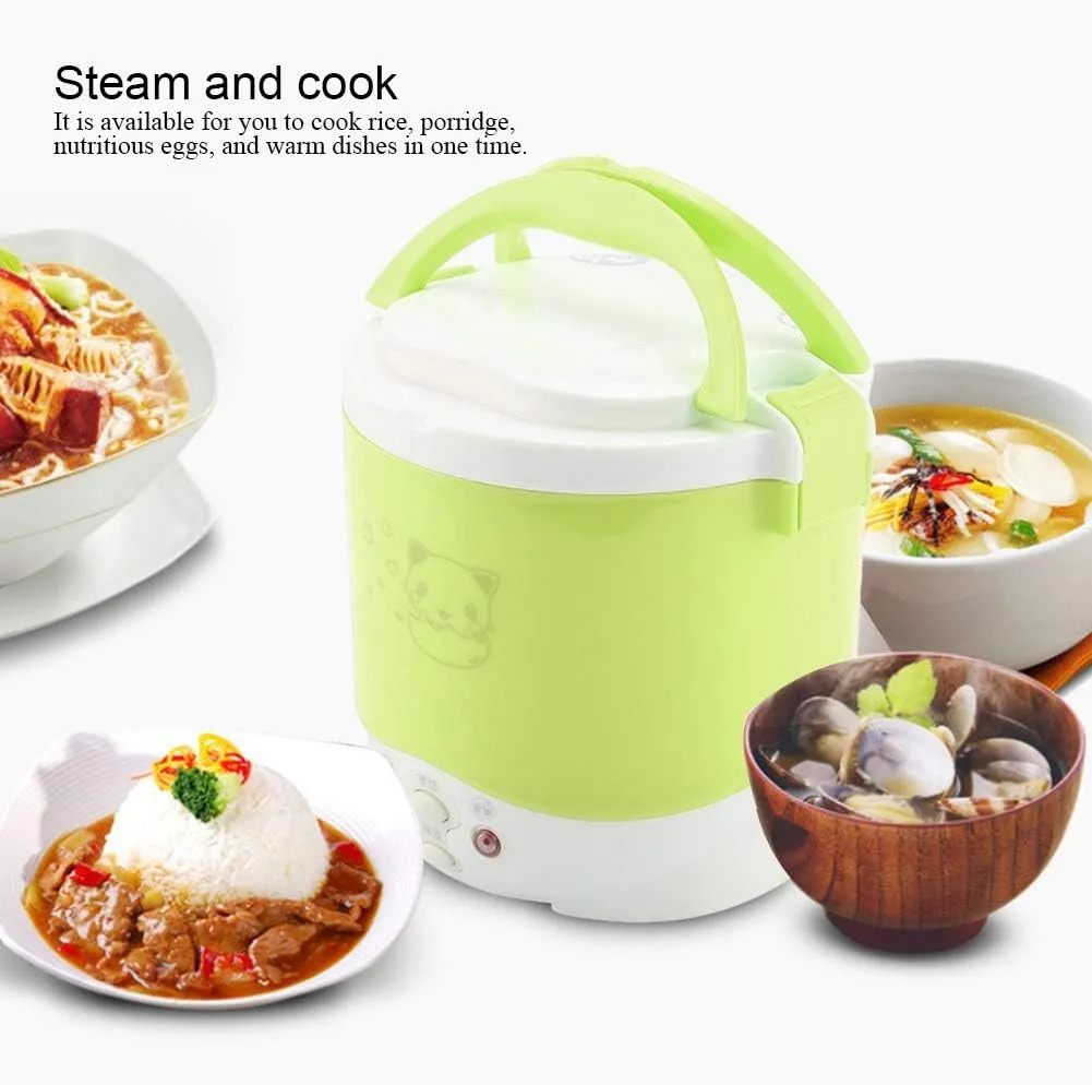 1L Mini Rice Cooker, 12v Electric Lunch Box Portable for Car, Multifunctional Food Steamer Fast Cooking Fully Automatic Non-Stick Pot for Travel Camping (Green)
