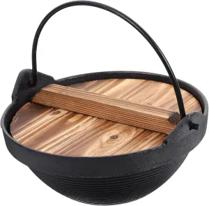 1set Japanese Style Cast Iron Soup Pot with Wooden Lid Non-stick Design Sturdy Screw-thread Cooking Pot for Household Use Easy to Clean for Stewing and Porridge
