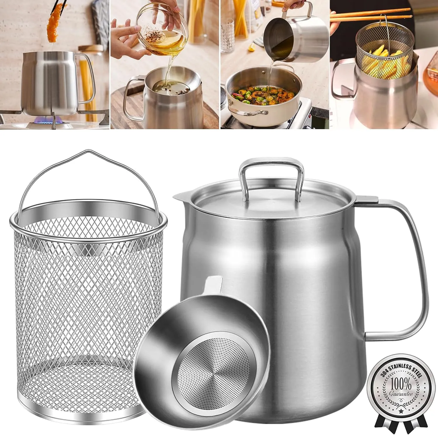 2-in-1 304 Stainless Steel Multifunctional Oil Strainer Pot, Large Capacity Oil Filter Pot, Bacon Grease Container with Deep Fryer Basket for Kitchen Camping (68oz/2L)