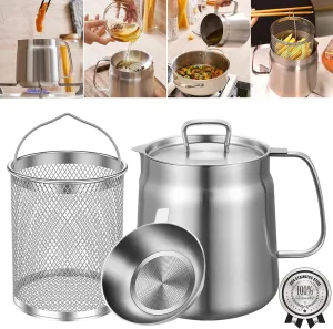 2-in-1 304 Stainless Steel Multifunctional Oil Strainer Pot, Large Capacity Oil Filter Pot, Bacon Grease Container with Deep Fryer Basket for Kitchen Camping (68oz/2L)