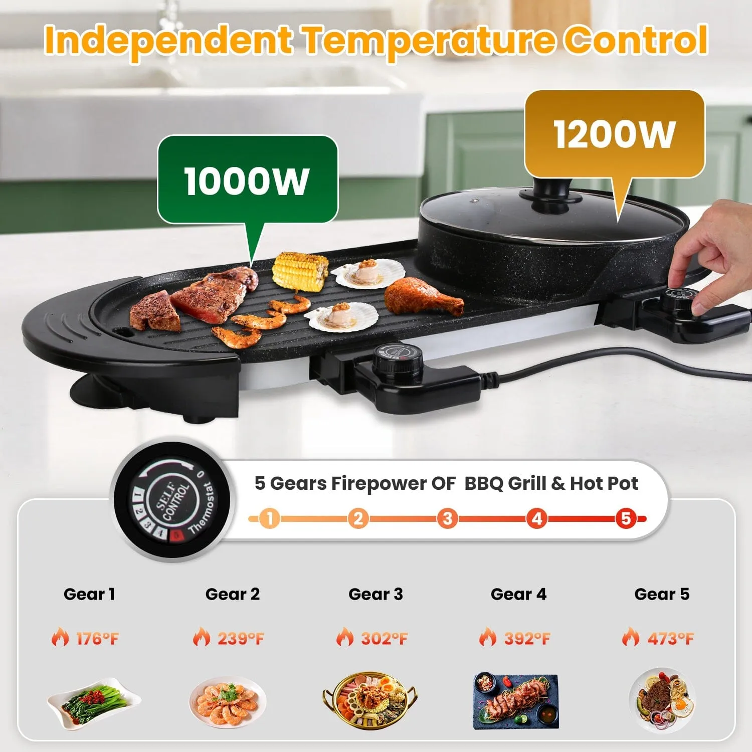 2-in-1 Electric Hot Pot with Bbq Grill Cooker 2200W