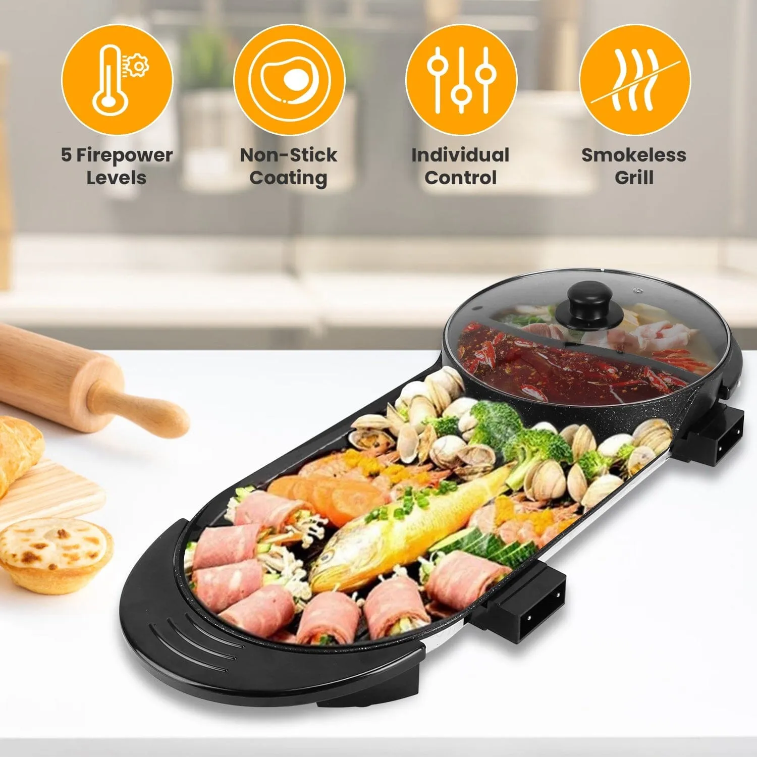 2-in-1 Electric Hot Pot with Bbq Grill Cooker 2200W