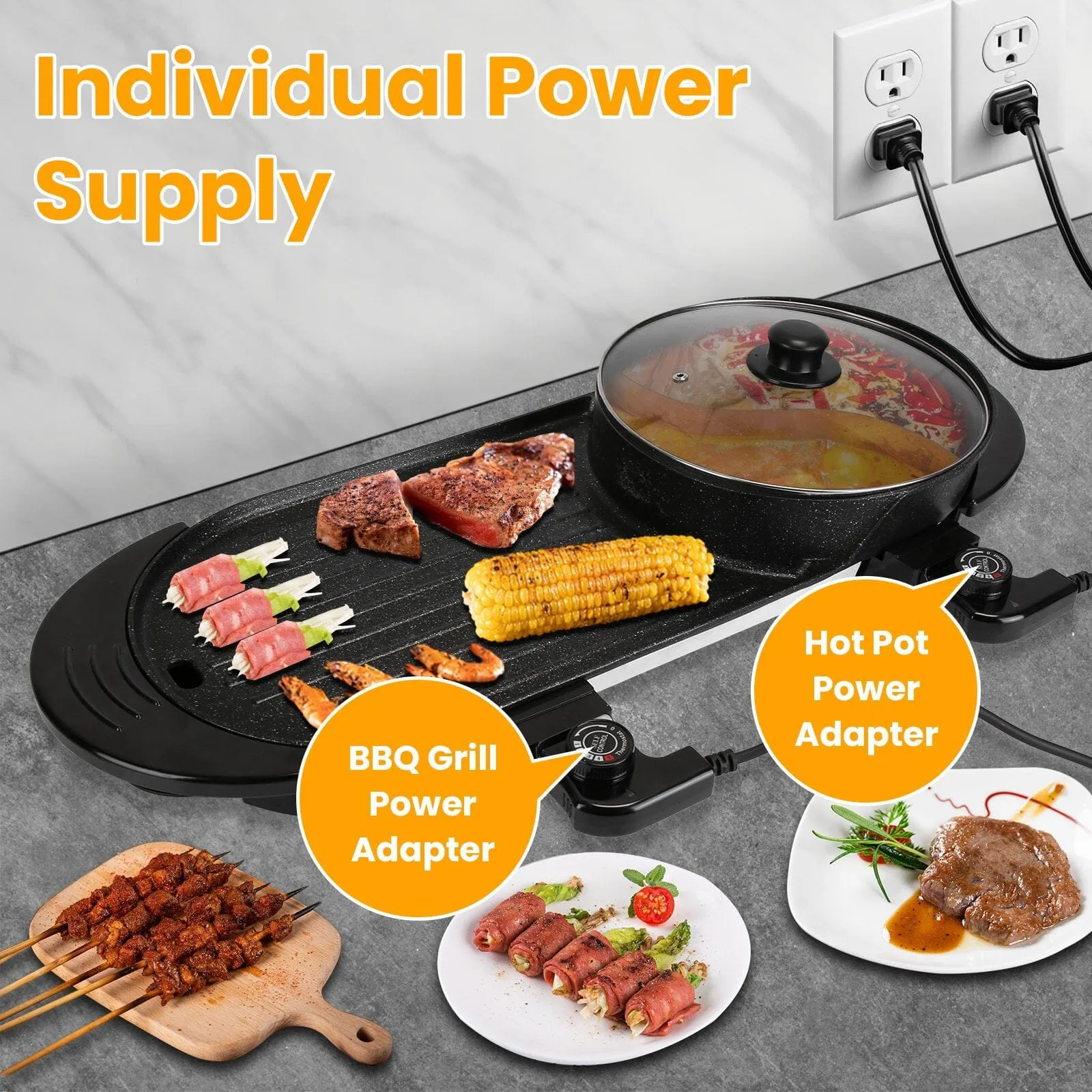 2-in-1 Electric Hot Pot with Bbq Grill Cooker 2200W