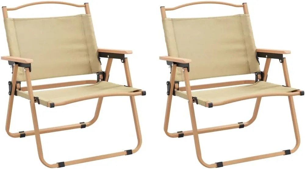 2 Pack Beige Camping Chairs Oxford Fabric with Steel Frame Foldable Outdoor Chairs 21.3"x16.9"x23.2" for Beach Patio Lawn Picnic and Backyard