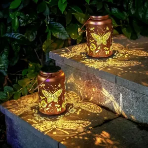 2 Pack Butterfly Solar Lanterns Outdoor Waterproof Hanging Solar Lights Metal Decorative LED Lanterns Outside Fathers Day Gifts for Women Men Mom Decor for Garden,Yard,Patio,Lawn