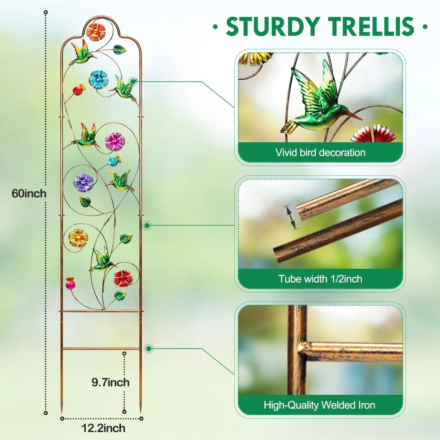 2 Pack Garden Trellis for Climbing Plants Outdoor Metal Arch Trellis for Climbing Vines Plants Support 60'' H x 11'' W Hummingbird
