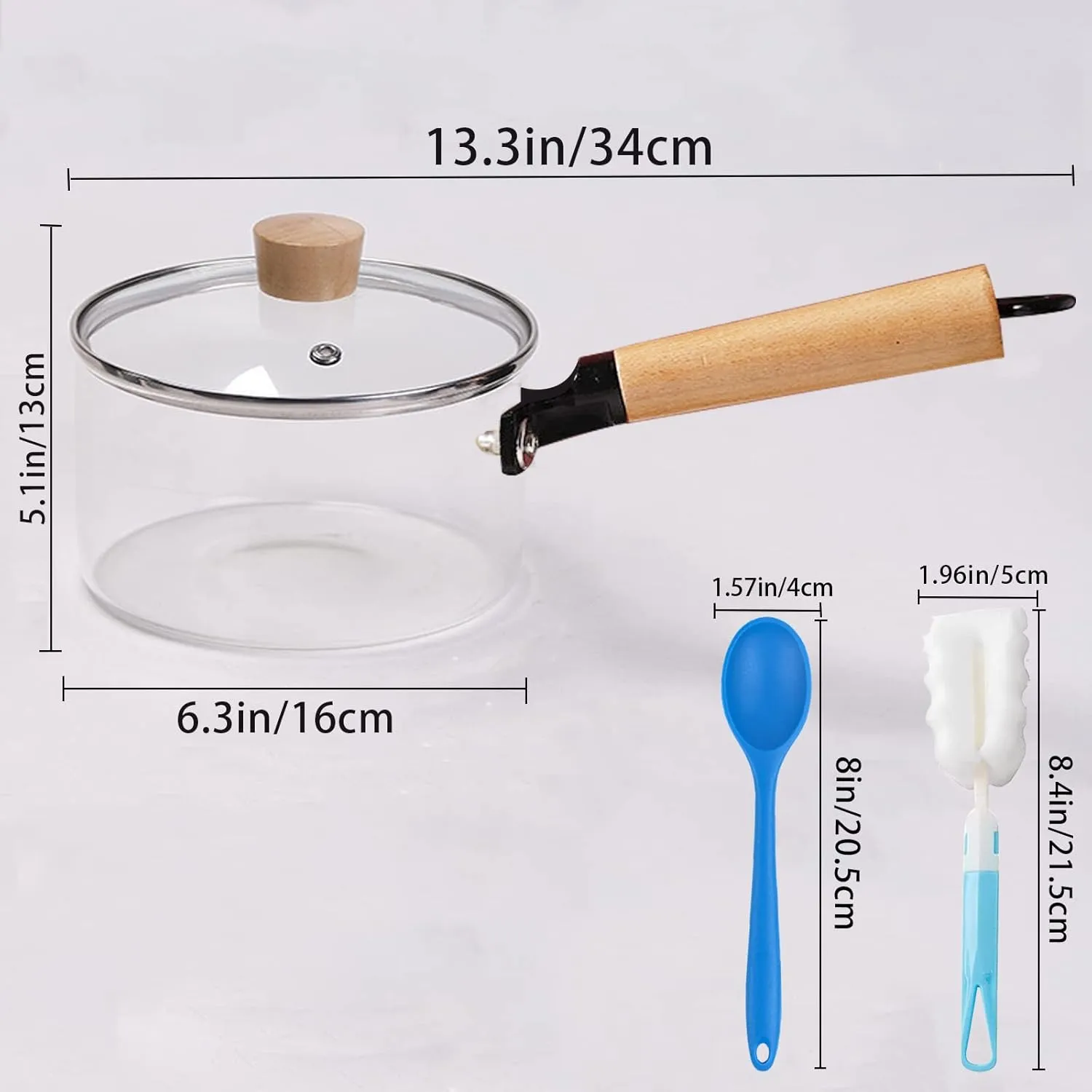 2 Pack Glass Saucepan Set, 60oz/1.8L Clear Glass, Heat-resistant Simmer Pot for Pasta, Soup, Milk, Cookware with Lid and Long Handle