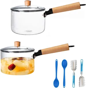 2 Pack Glass Saucepan Set, 60oz/1.8L Clear Glass, Heat-resistant Simmer Pot for Pasta, Soup, Milk, Cookware with Lid and Long Handle