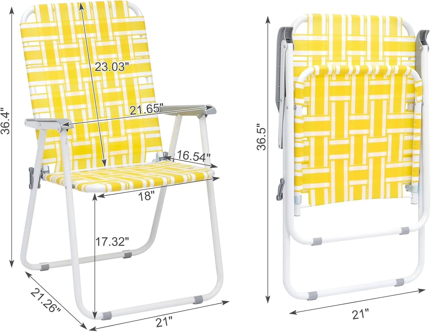 2 Pack Patio Folding Lawn Chairs for Adults,Outdoor/Indoor Portable Beach Chair,Folding Webbed Lawn Beach Chair,Foldable Camping Chairs,Supports 264 lbs,for Garden, Travel (Yellow, 55x62x92.5cm)